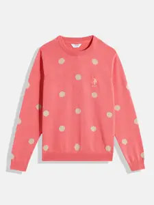 U.S. Polo Assn. Kids Girls Coral Pink Polka Dots Printed Pure Cotton Pullover