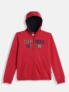 U.S. Polo Assn. Kids Boys Red Brand Logo Self Design Hooded Pure Cotton Sweatshirt