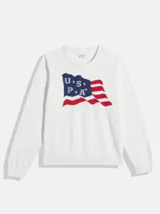 U.S. Polo Assn. Kids Girls White Brand Logo Print Pure Cotton Pullover with Embellishment