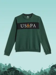 U.S. Polo Assn. Kids Boys Green Brand Logo Printed Round Neck Sweatshirt