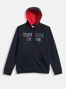 U.S. Polo Assn. Kids Boys Navy Blue Brand Logo Self Design Hooded Pure Cotton Sweatshirt