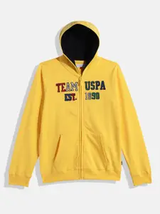 U.S. Polo Assn. Kids Boys Yellow Brand Logo Self Design Hooded Pure Cotton Sweatshirt