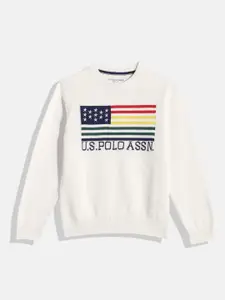 U.S. Polo Assn. Kids Boys White Brand Logo Print Pure Cotton Pullover