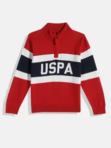 U.S. Polo Assn. Kids Boys Red & White Colourblocked Pure Cotton Pullover