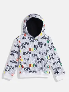 U.S. Polo Assn. Kids Boys White & Navy Blue Brand Logo Print Hooded Sweatshirt