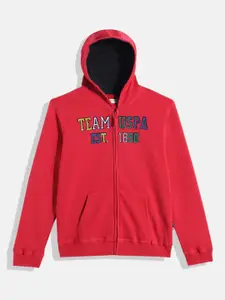 U.S. Polo Assn. Kids Boys Red Brand Logo Self Design Hooded Pure Cotton Sweatshirt