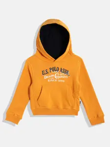 U.S. Polo Assn. Kids Boys Mustard Yellow Brand Logo Print & Embroidered Hooded Sweatshirt