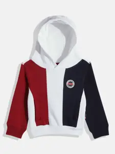 U.S. Polo Assn. Kids Boys White Colourblocked Hooded Sweatshirt With Applique Detail