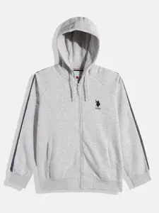 U.S. Polo Assn. Kids Boys Grey Melange Solid Hooded Front-Open Sweatshirt