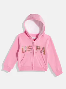 U.S. Polo Assn. Kids Girls Pink Brand Logo Printed Hooded Sweatshirt