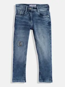 U.S. Polo Assn. Kids Girls Blue Slim Fit Heavy Fade Stretchable Jeans with Stud Patch