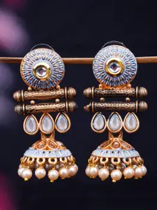 Urmika Gold-Toned & Grey Enamelled Dome Shaped Jhumkas Earrings