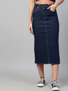 Chemistry Women Navy Blue Solid Straight Midi Denim Skirt