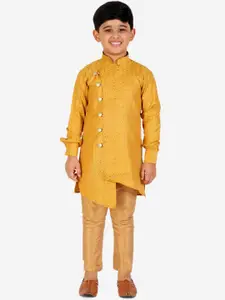 Pro-Ethic STYLE DEVELOPER Boys Yellow Angrakha Pure Silk Kurta with Pyjamas