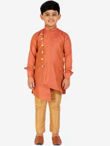 Pro-Ethic STYLE DEVELOPER Boys Rust & Golden Angrakha Pure Silk Kurta with Pyjamas