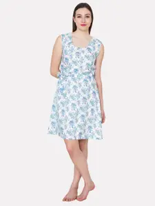 PATRORNA White and Blue Floral Printed Nightdress