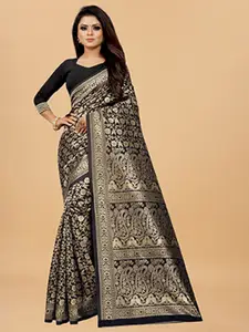 Hinayat Fashion Women  Black & Gold-Toned Woven Design Zari Silk Blend Banarasi Saree