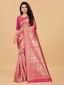 Hinayat Fashion Pink & Gold-Toned Woven Design Zari Silk Blend Banarasi Saree