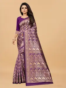 Hinayat Fashion Women Purple & Gold-Toned Woven Design Zari Silk Blend Banarasi Saree