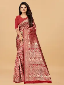 Hinayat Fashion Red & Gold-Toned Woven Design Zari Silk Blend Banarasi Saree
