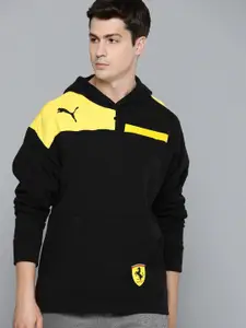 PUMA Motorsport Men Black & Yellow Colourblocked Hooded Cotton Sweatshirt