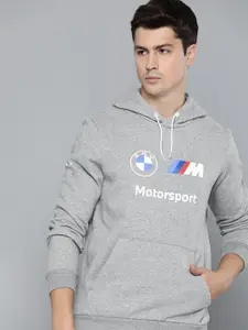 PUMA Motorsport Men Grey Melange &White Brand Logo Printed Hooded Cotton Sweatshirt