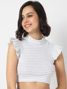 VASTRADO White & Grey Striped Knitted Pure Cotton Fitted Crop Top