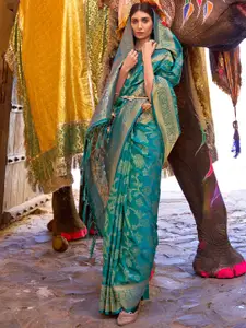 Mitera Teal Green & Gold-Toned Ethnic Motifs Zari Silk Blend Banaras Saree
