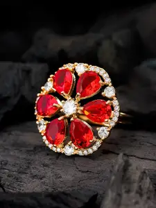 aadita  Gold-Plated and Red Stone-Studded Floral Ring