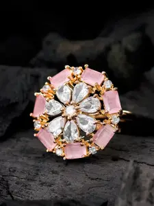 aadita Women Pink & White Rose Gold-Plated Floral Adjustable Finger Ring