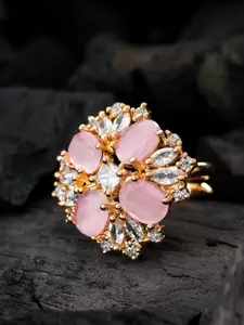 aadita Pink & White Gold-Plated Floral Adjustable Finger Ring