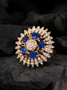aadita Gold-Plated Rose-Gold Toned White & Blue AD-Studded Adjustable Finger Ring