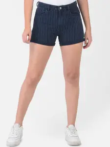 Crimsoune Club Women Navy Blue Striped Slim Fit Denim Shorts