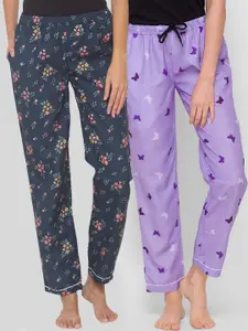 FashionRack Women Pack of 2 Navy Blue & Purple Printed Lounge Pants