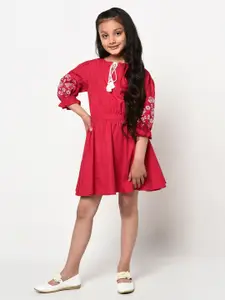 BLANC9 Girls Red Solid Tie-Up Neck Fit & Flare Dress