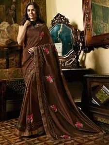 Shaily Brown & Red Floral Embroidered Silk Blend Saree