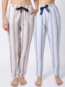 Claura Women Pack Of 2 Blue & Beige Striped Lounge Pants