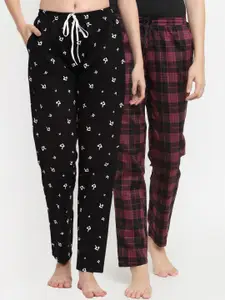 Claura Women Pack Of 2 Black & Red Printed Cotton Lounge Pants