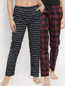 Claura Women Pack Of 2 Black & Pink Printed Cotton Lounge Pants