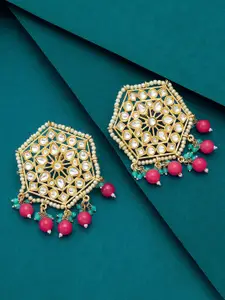 aadita Gold-Toned & Red Geometric Studs Earrings