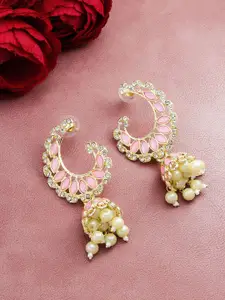 aadita Gold-Toned & Pink Crescent Shaped Jhumkas Earrings