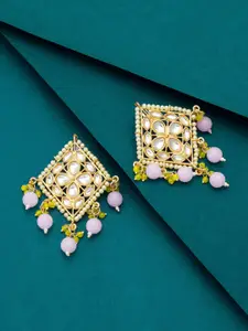 aadita White & Green Square Gold-Plated Artificial Stones Drop Earrings