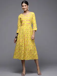 Indo Era Yellow A-Line Flared Printed Midi Ethnic  Dress