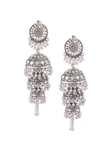 Efulgenz Silver-Toned Rhodium-Plated Oxidised Classic Jhumkas Earrings