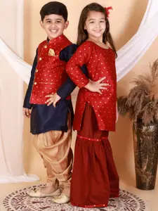 VASTRAMAY Boys Navy Blue and Rose Gold Kurta with Nehru Jacket