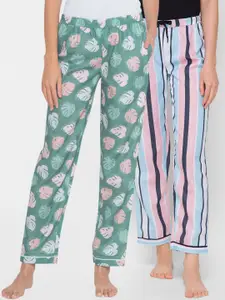 FashionRack Women Pack of 2 Green & Pink Printed Cotton Lounge Pants