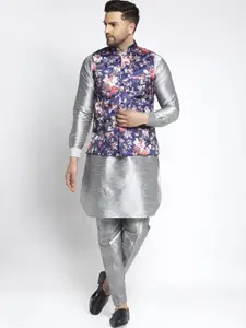 Kaifoo Men Silver Kurta with Pyjamas & Printed Nehru Jacket