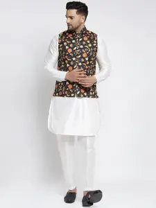 Kaifoo Men White Kurta & Salwar With Printed Nehru Jacket.  .
