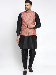 Kaifoo Men Black Kurta & Pyjamas With Printed Nehru Jacket