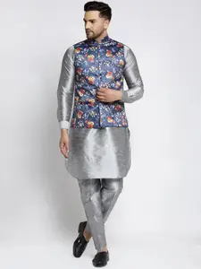 Kaifoo Men Silver-Toned Floral Kurta with Pyjamas and Printed Nehru Jacket